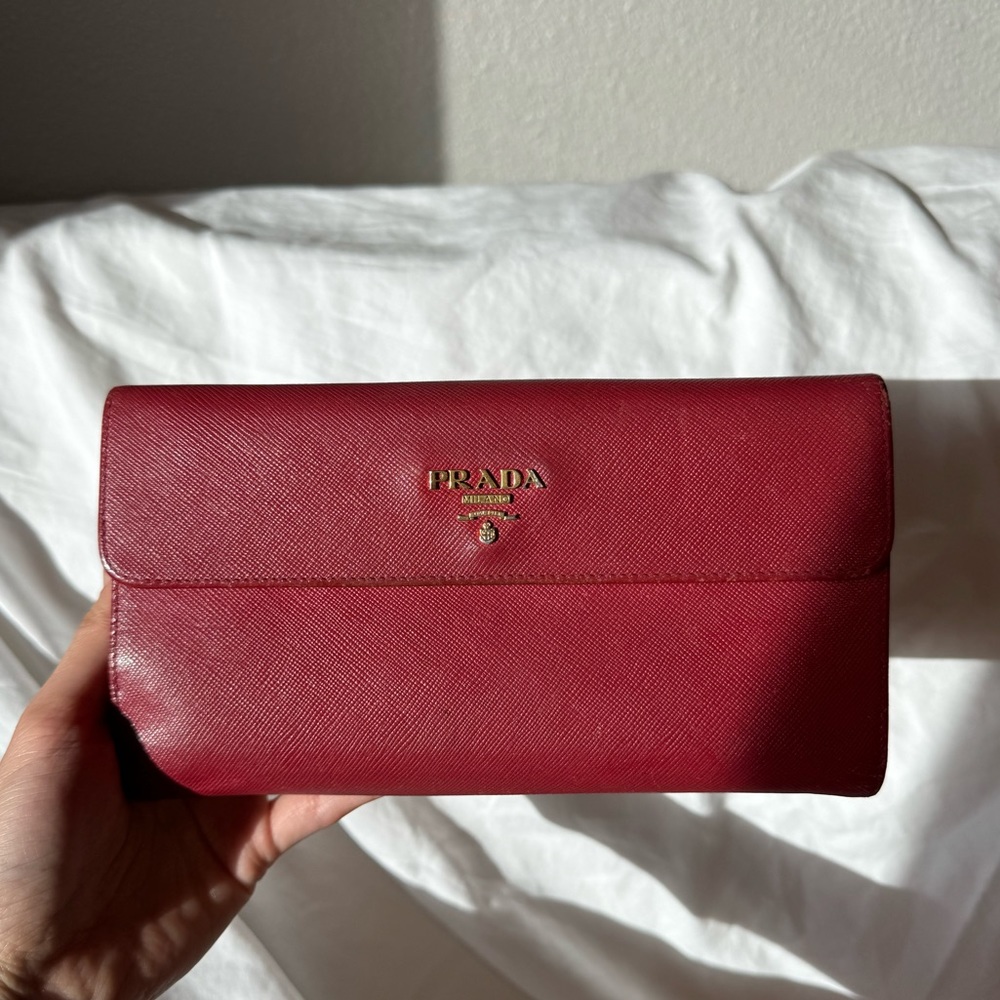 Prada Red Saffiano Metal Leather Long Flap Wallet